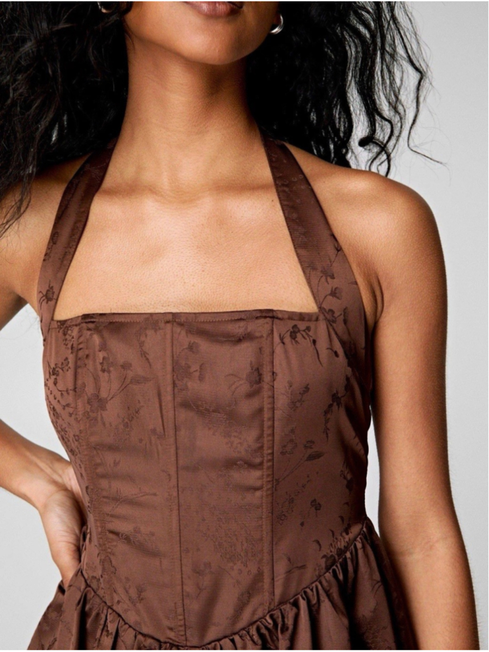 Nasty Gal US 8 Brown Satin Floral Jacquard Halter Corset Mini Dress
